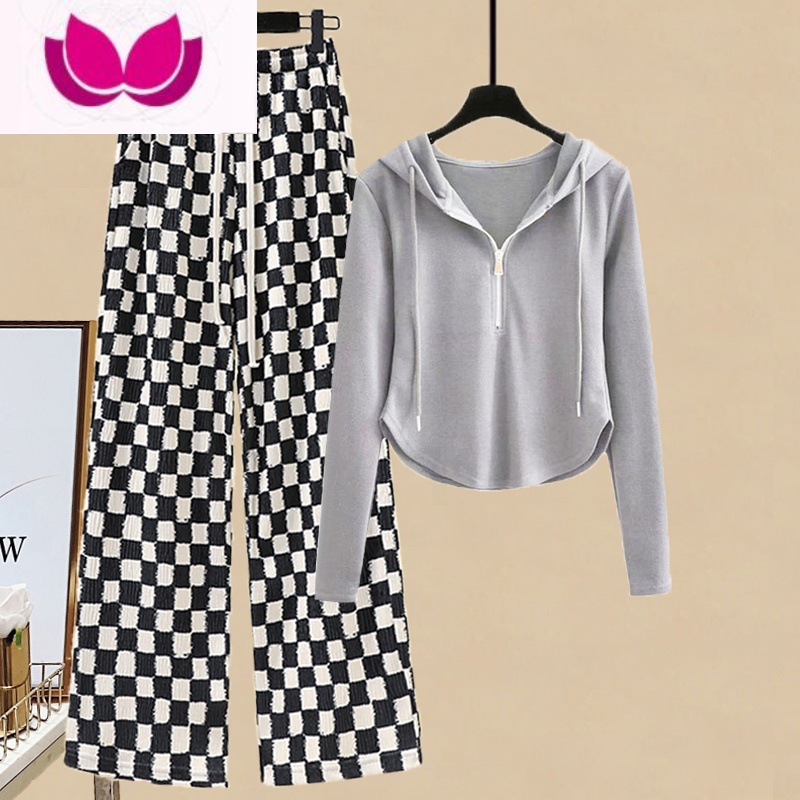 七斓炸街时尚套装女春季新款辣妹气质连帽卫衣显瘦高腰拖地休闲阔腿裤高清大图