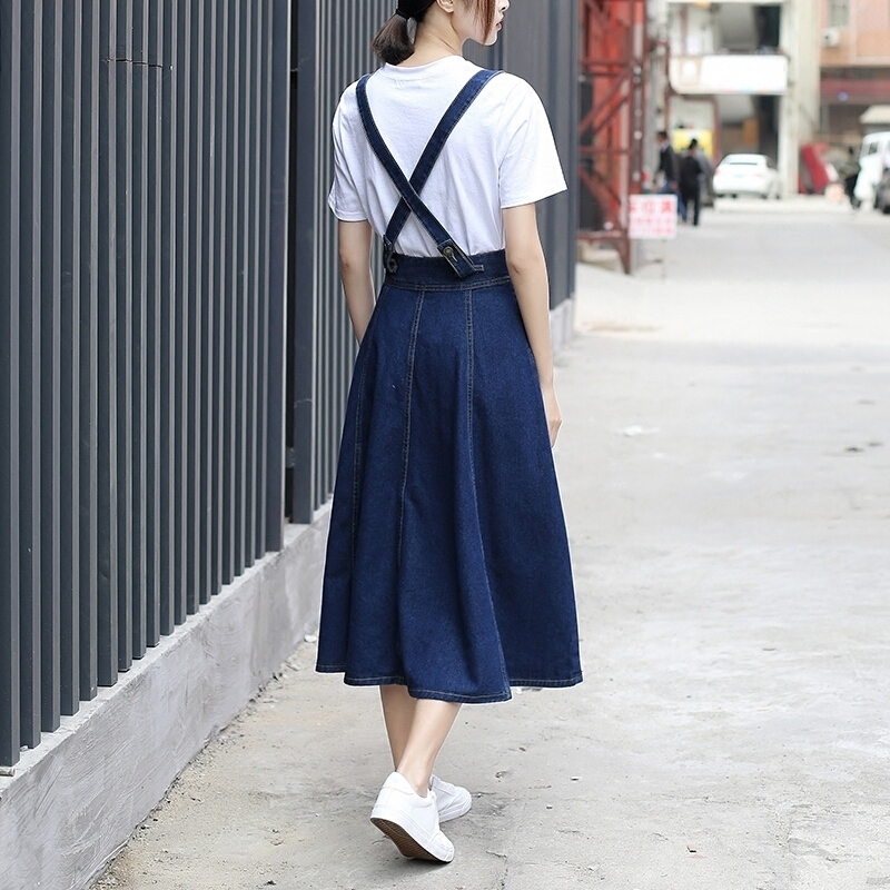 牛仔背带裙牛仔裙夏季女2018新款韩版学生中长款高腰文艺半身裙子