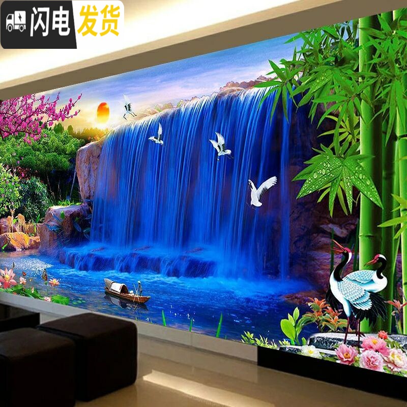 三维工匠十字绣线绣2019新款客厅流水生财大幅风景山水画满绣棉线丝线2020 丝线:190*75厘米[中格3股绣]高清大图