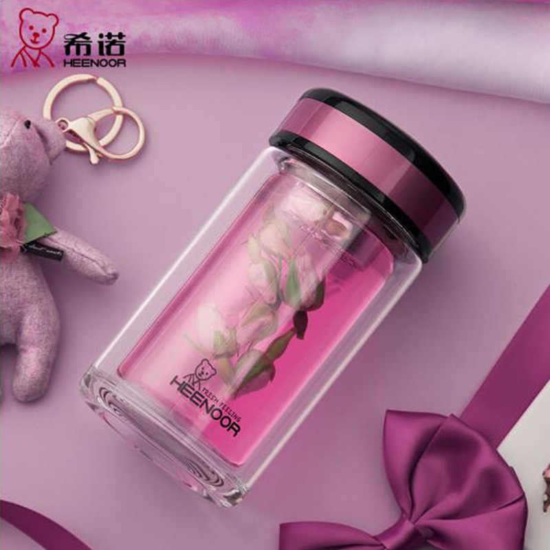 希诺双层玻璃杯 办公可爱水杯子 女士带盖创意便携过滤耐热花茶水杯 XN-9752 220ML