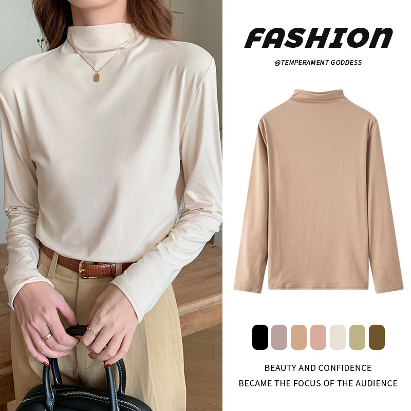 半高领打底衫女秋新款修身高弹长袖秋衣百搭T恤春秋内搭_687_961高清大图