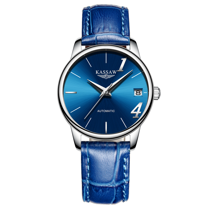 卡梭(KASSAW)手表自动机械表情侣表防水时尚商务男表女表情侣手表一对1314 银色蓝面皮带女表