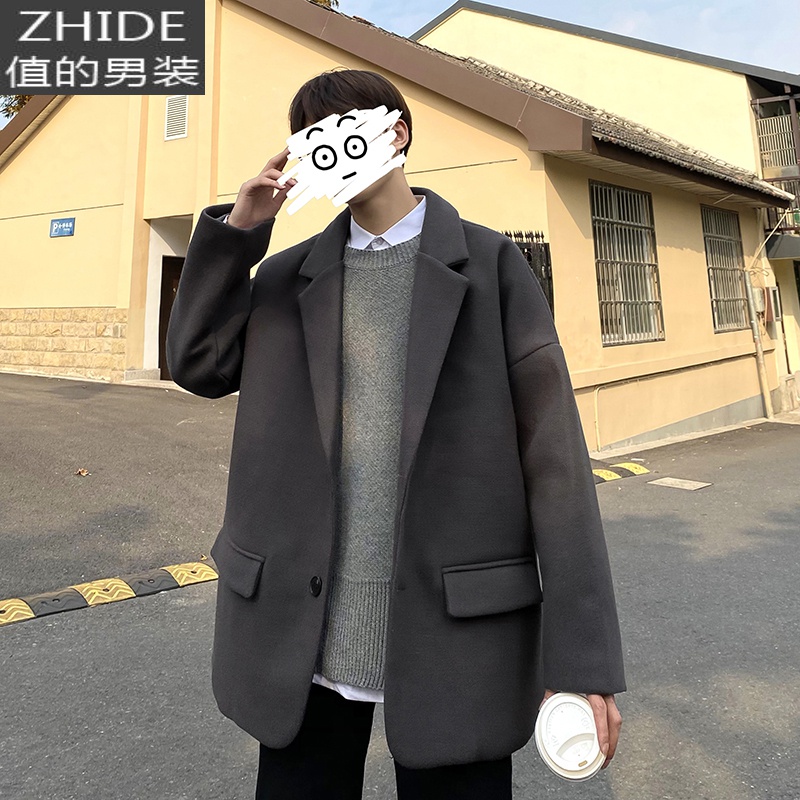 SUNTEK加棉加厚风衣男秋冬韩版潮流帅气西装领毛呢大衣外套痞帅休闲短款风衣高清大图