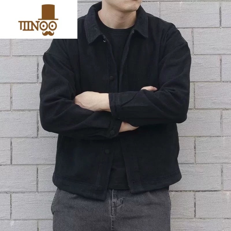 YANXU日系复古潮牌新款牛仔外套男黑色潮流帅气宽松工装夹克男高清大图