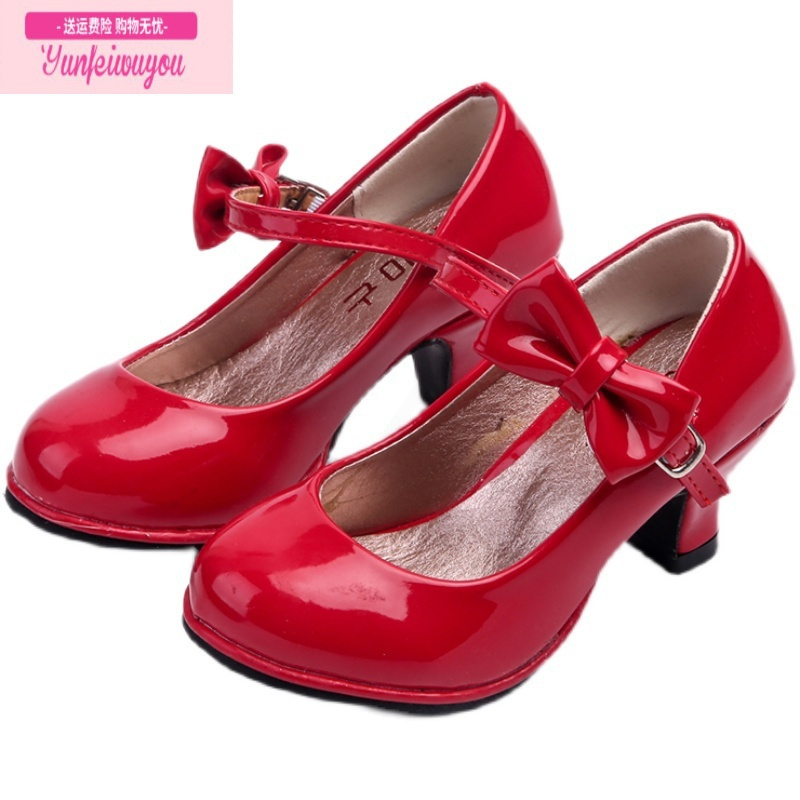 七斓女童高跟鞋小公主单鞋红色儿童皮鞋小女孩演出走秀公主鞋小孩鞋子
