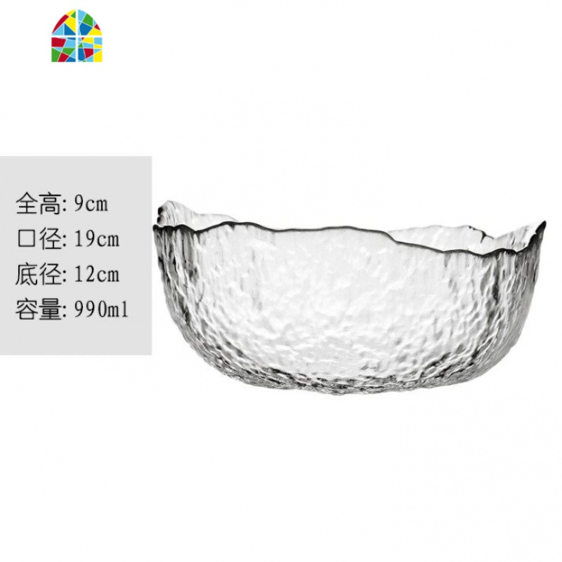 ins日式锤纹金边透明玻璃碗创意家用蔬菜沙拉碗大号水果碗甜品碗 FENGHOU 透明-大碗