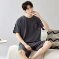 男士棉质睡衣薄款夏天短袖短裤圆领套装简约休闲学生可外穿家居服 男L B57058