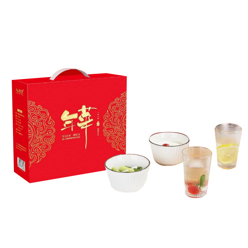 皖美之雅锦华简约玻璃杯陶瓷碗竖纹杯碗四件套