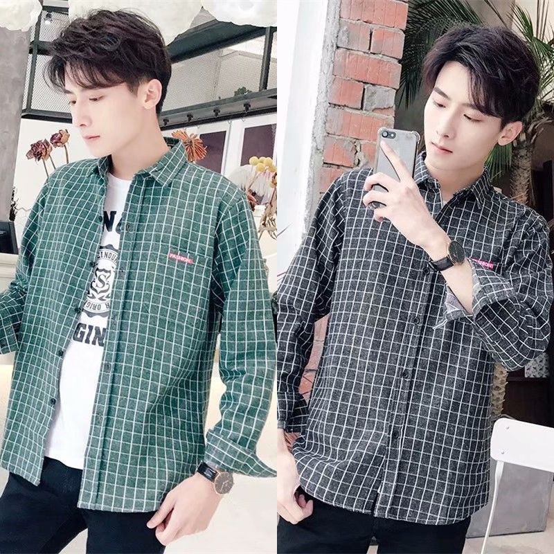 格子衬衫男长袖新款港风秋季情侣学生青少年韩版宽松男士衬衣外套
