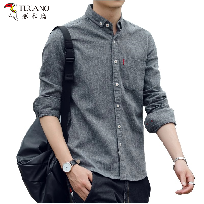 啄木鸟春季条纹磨毛棉衬衣男士上衣长袖衬衫大码休闲男装外套衣外高清大图