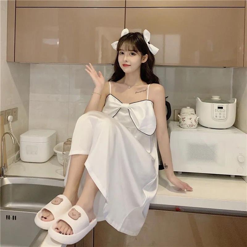 2021年夏季新款冰丝吊带睡裙女蝴蝶结公主风甜美宽松家居服睡衣裙