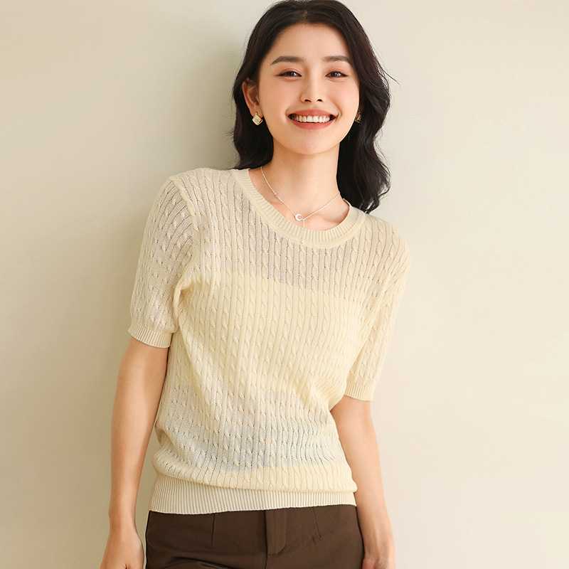 纯色体恤针织衫麻上衣花T恤女春夏棉麻花2025季圆领短袖女夏