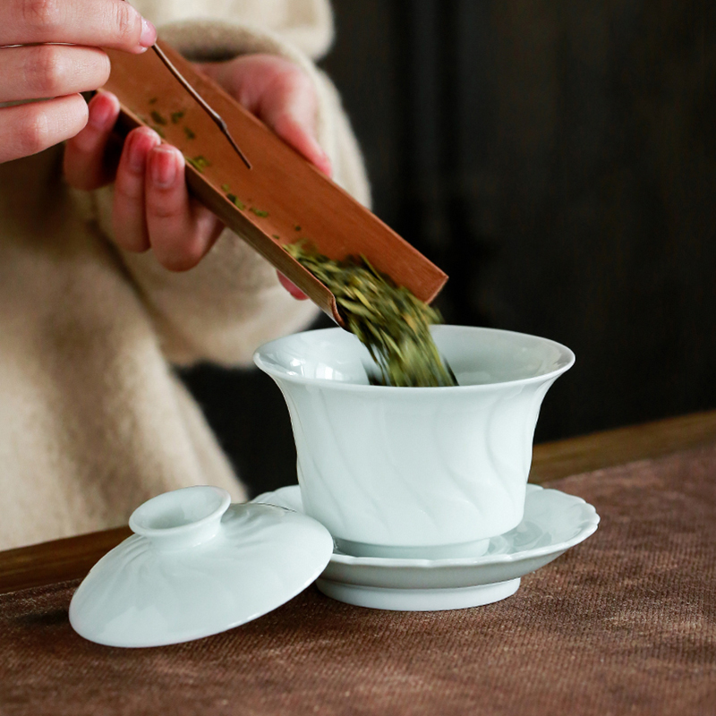 苏氏陶瓷 SUSHI CERAMICS 茶具套装螺旋盖碗款精美礼盒陶瓷功夫茶具(影青)