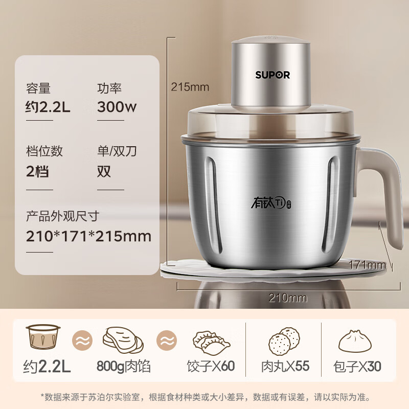 苏泊尔(SUPOR)绞肉机家用电动小型全自动多功能碎肉绞馅辅食大容量钛刀不锈钢碗(2副刀片) JR78-G220高清大图