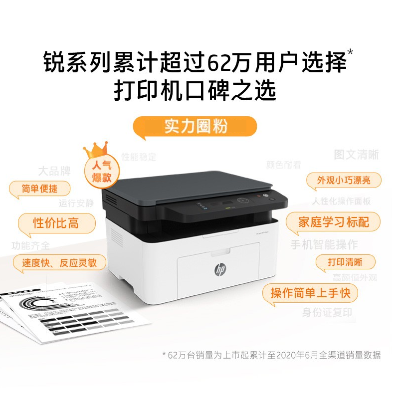 惠普Laser MFP 136wm锐系列黑白激光多功能无线WiFi手机打印机一体机A4复印件扫描三合一小型家用wifi一体机家用惠普打印机一体机优M126NW/M132NW 套餐一