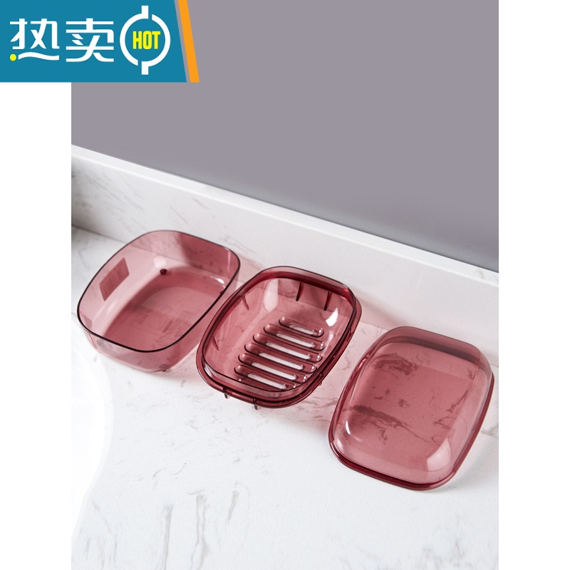 敬平创意带盖肥皂盒双层沥水香皂盒大号塑料浴室皂架肥皂收纳盒子 玫红色高清大图