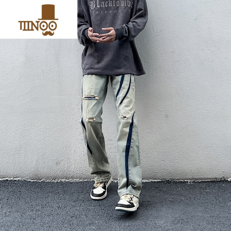 YANXU非潮勿近高街美式复古破洞牛仔裤男宽松直筒hiphop设计感宽潮宽高高清大图