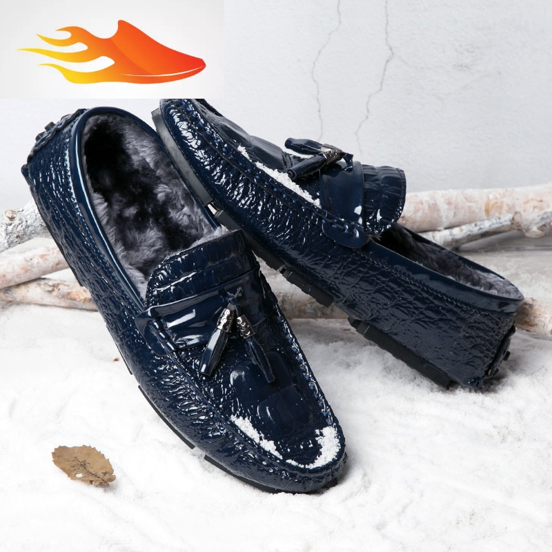 fishbasket冬季男鞋豆豆鞋棉鞋低帮漆皮面套脚加绒加厚保暖平底驾车