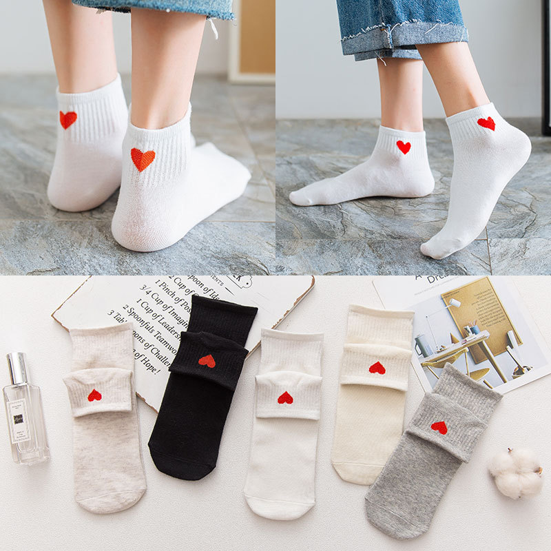 俞兆林袜子女春季纯棉短筒袜女士低帮纯色袜子学院风心形百搭女袜短袜女5双装高清大图