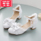 可莉允圆头粗跟大童高跟鞋白色凉鞋公主鞋女童蝴蝶结儿童鞋小女孩皮鞋运动休闲鞋