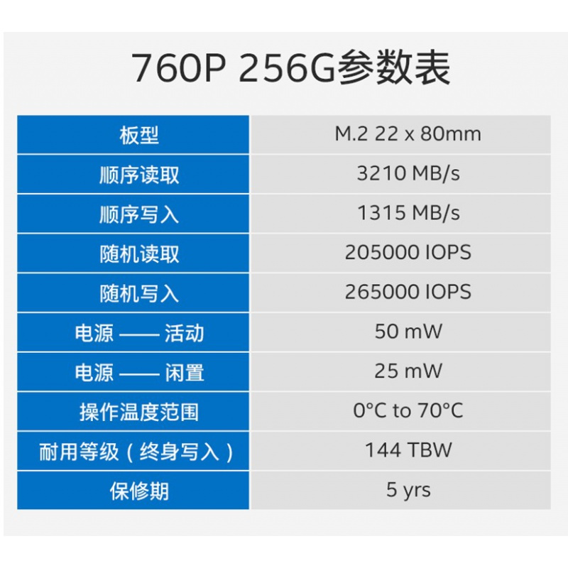 英特尔(Intel)760P M.2接口NVME固态硬盘 256G