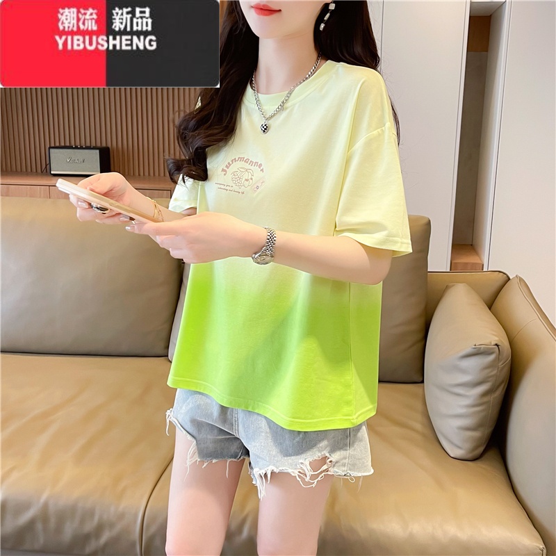 YIBUSHENG大码女装渐变色短袖t恤女装2024新款宽松小个子设计感扎染上衣高清大图