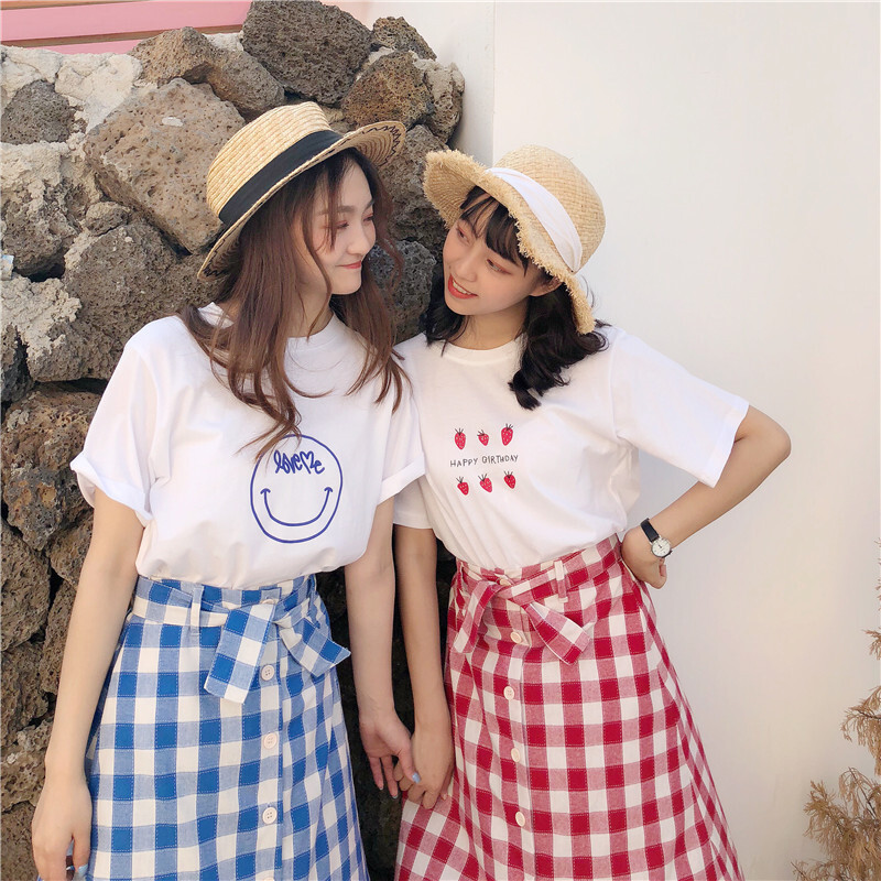 韩版时尚休闲套装夏装女装宽松短袖T恤上衣+高腰格子半身裙两件套蓝格子均码