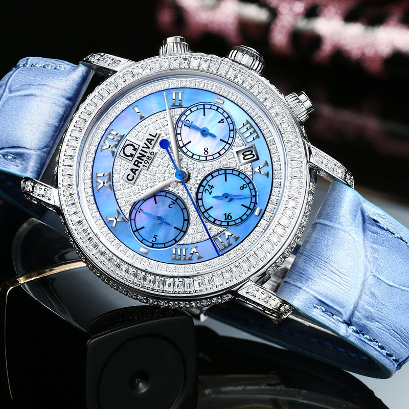 瑞士嘉年华Carnival进口机芯女士手表满天星全自动机械表 女镶钻牛皮表带休闲时尚女表防水真皮腕表8690高清大图