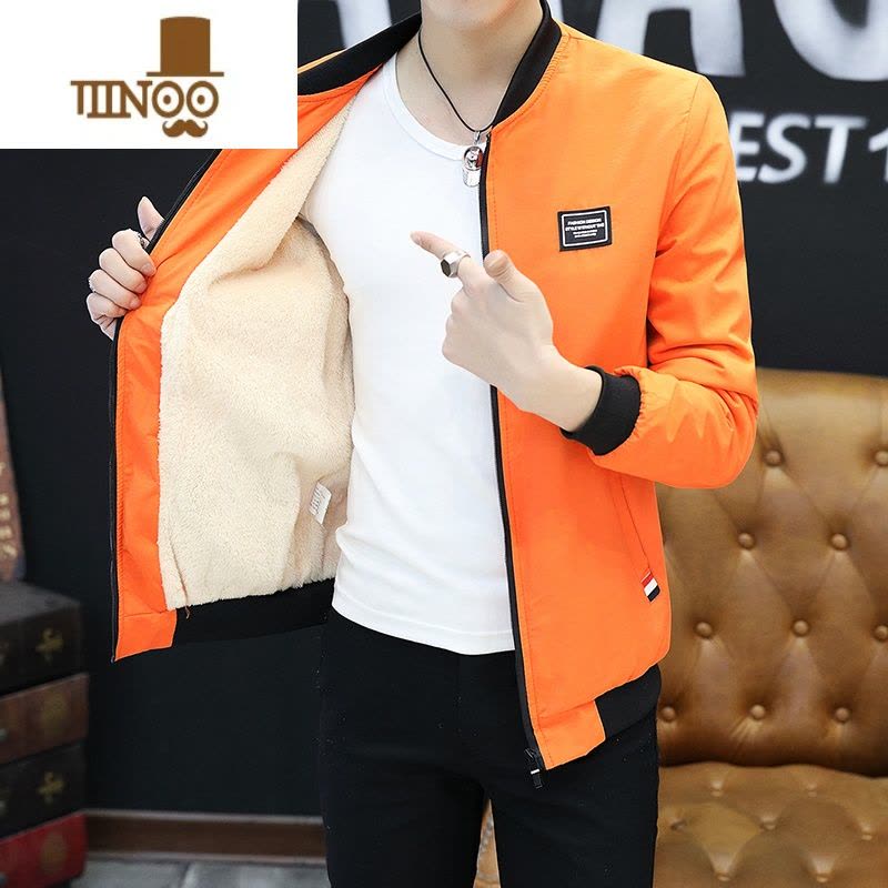 YANXU男士外套韩版修身加绒立领夹克男秋装个性潮男冬装加厚棉衣服图片