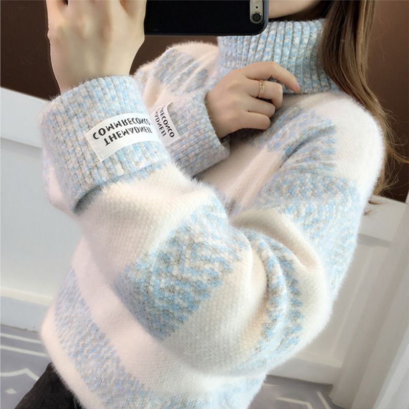 高领加厚毛衣女2023秋冬季宽松外穿学生保暖针织打底衫女