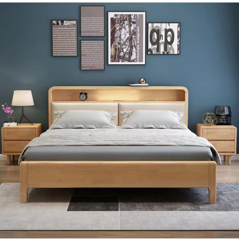 博林创 实木床 带灯 带usb插孔 橡木床 宿舍床 单人床 软包靠背 原木