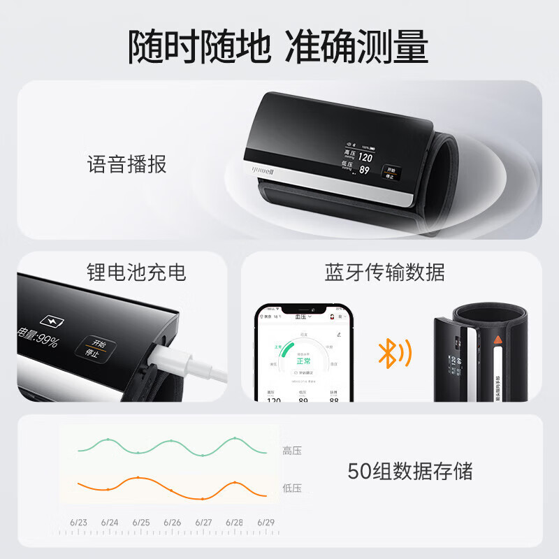 鱼跃(yuwell)电子血压计臂式一体血压仪家用蓝牙传输充电精准测量YE630CR 一体式蓝牙信息传输记忆YE630CR高清大图