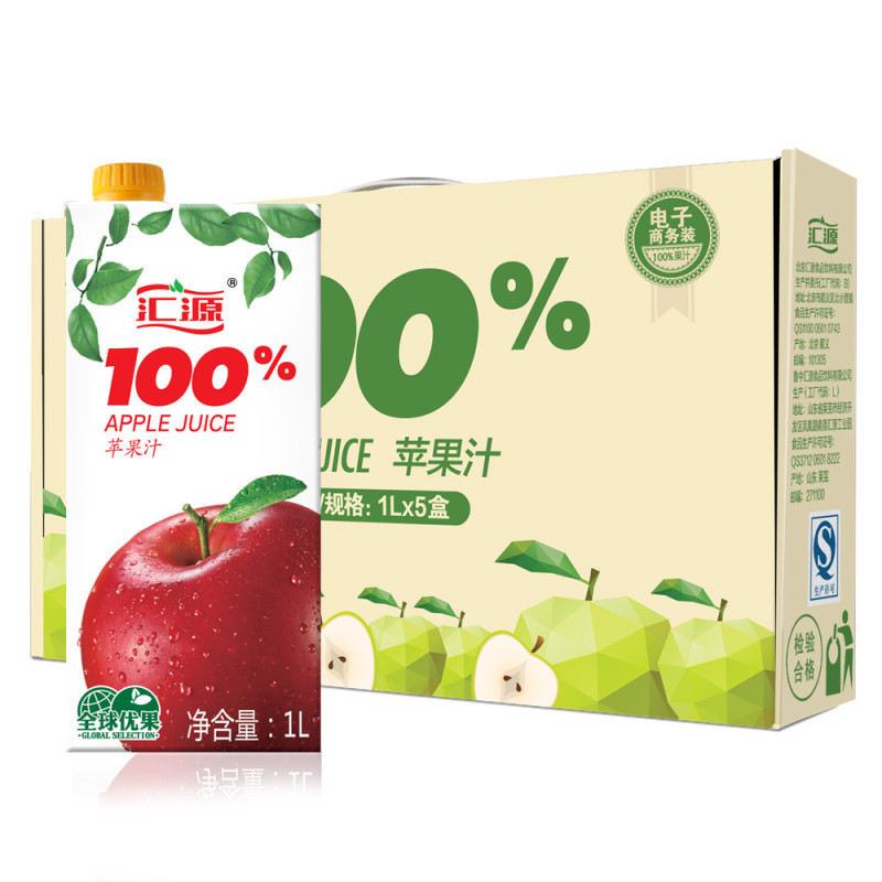 汇源果汁1l青春版100苹果汁饮料出口标准1lx5盒官方旗舰店