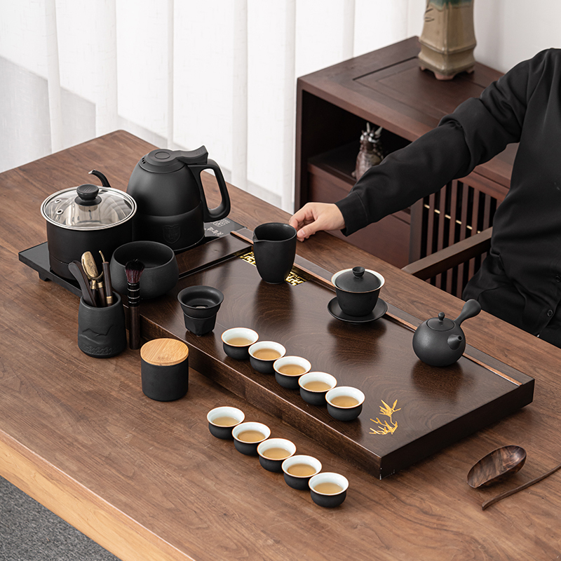 苏氏陶瓷(SUSHI CERAMICS)功夫茶具套装花梨木色茶盘风黑陶茶具自动烧水壶一体整套茶盘茶台