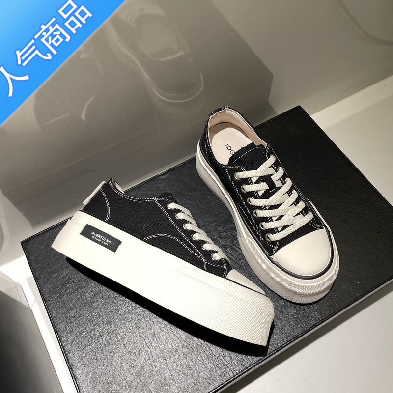 SUNTEK厚底帆布鞋女春2023新款小白鞋女小众设计感百搭女鞋子高清大图