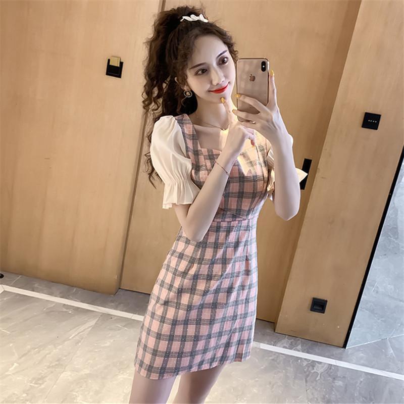 权小威气质韩版女装格子短袖收腰裙子拼接雪纺a字裙视频