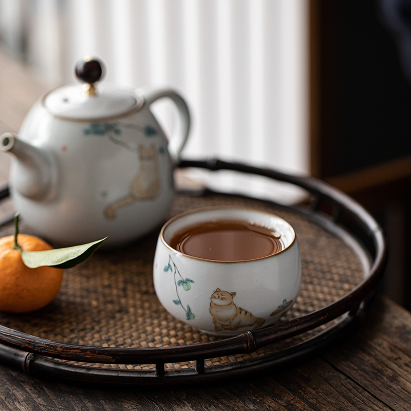 汝窑茶杯子主人杯单个杯猫咪品茗杯陶瓷功夫茶具开片家用喝茶杯 三维工匠 汝窑禅定杯-宁静猫高清大图