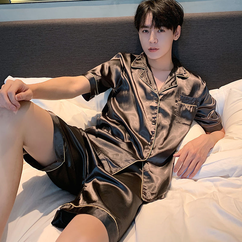 睡衣男女夏季冰丝短袖短裤青年睡衣丝绸薄款大码家居服套装春秋 维密男款双短[碳灰] M (80-95斤)