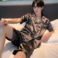 睡衣男女夏季冰丝短袖短裤青年睡衣丝绸薄款大码家居服套装春秋 维密男款双短[碳灰] M (80-95斤)