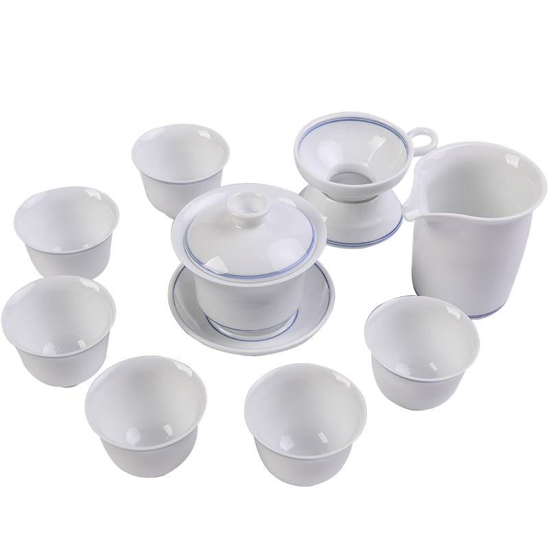 百鸿(Baihong)功夫茶具套装德化陶瓷高白玉瓷手绘盖碗茶杯茶具茶漏整套家用礼品 子母线玉瓷功夫茶具套装