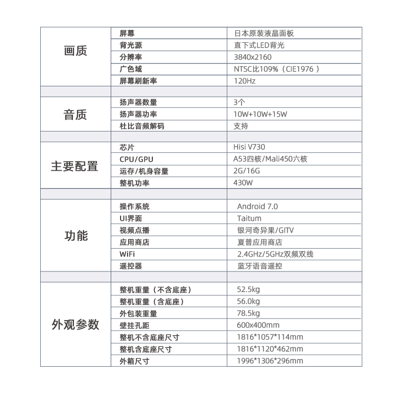 夏普(SHARP)80A8AB 80吋4K HDR超高清巨幕120hz刷新率智能AI语音平板液晶电视机