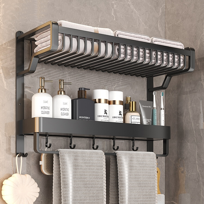 闪电客毛巾架卫生间置物架一体免打孔太空铝洗手间浴室壁挂式厕所浴巾