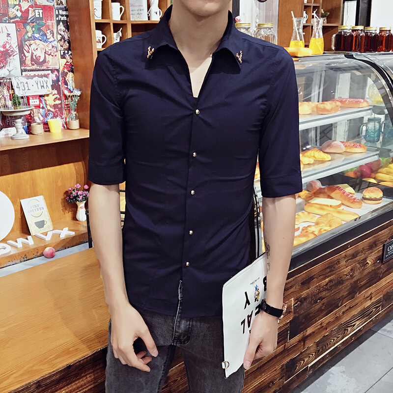 春夏七分袖衬衫韩版修身男士半袖衬衣青少年小鹿短袖衬衫上衣