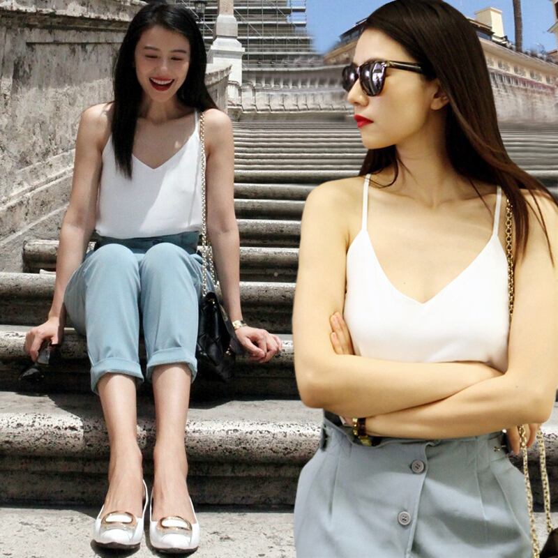 带背心女打底百搭性感黑色丝绸深V领外穿无袖西装内搭短款