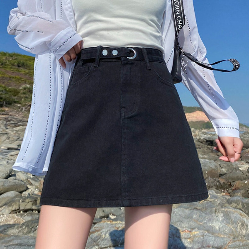 少女初中高中女学生穿的下半身裙子夏季半截裙黑色牛仔短裙高腰显瘦m