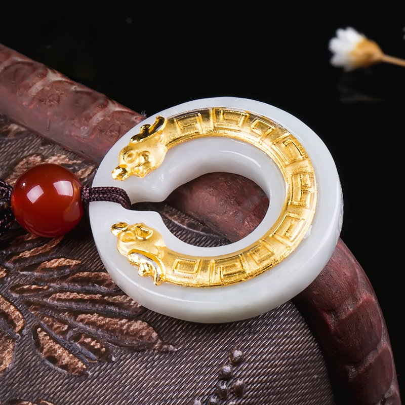 翡翠双龙头挂件平安扣坠男女款金镶玉项链坠饰送女朋友七夕情人节礼物