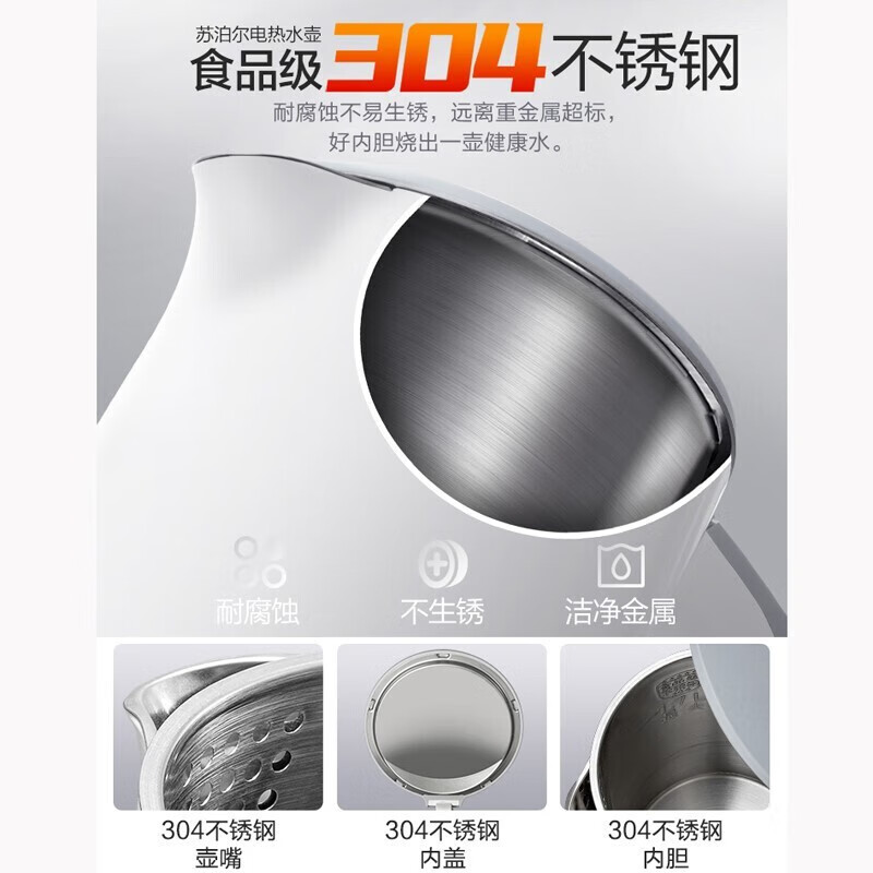 苏泊尔不锈钢电水壶1.7L底盘加热防干烧白色SW-17S13A高清大图
