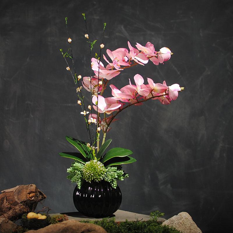 仿真花套装蝴蝶兰花艺客厅假花摆件绢花玄关装饰摆设桌面插花装饰品-粉红色