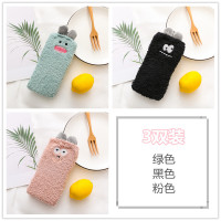 波迷娜(BOMINA)珊瑚绒袜子女季家居睡眠袜立体中筒袜加厚地板袜可爱毛巾长袜 黑色3双 34-39