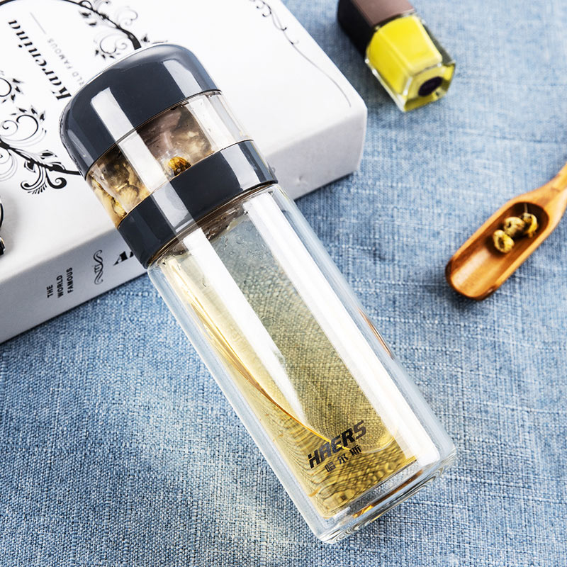 哈尔斯双层玻璃茶水分离杯男女小杯子泡茶过滤杯高档简约便携清新 冷光灰280ml（带按键式茶仓）（赠送杯